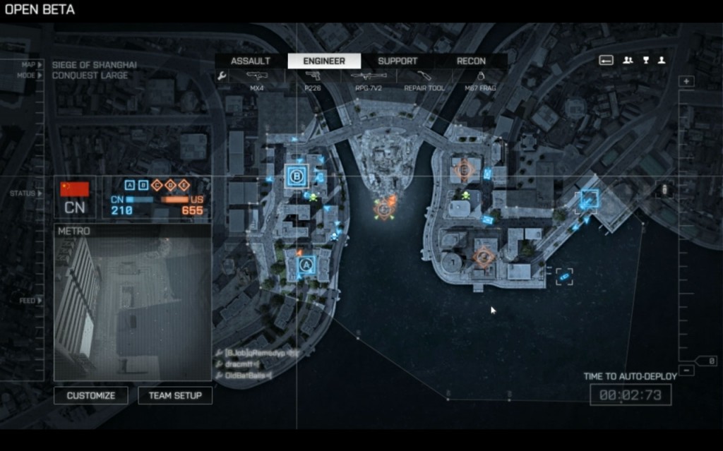 A Battlefield 4 map during a game of Conquest. Note the ticket count over the mini map and the colour of the capture points, both are examples of visual feedback.