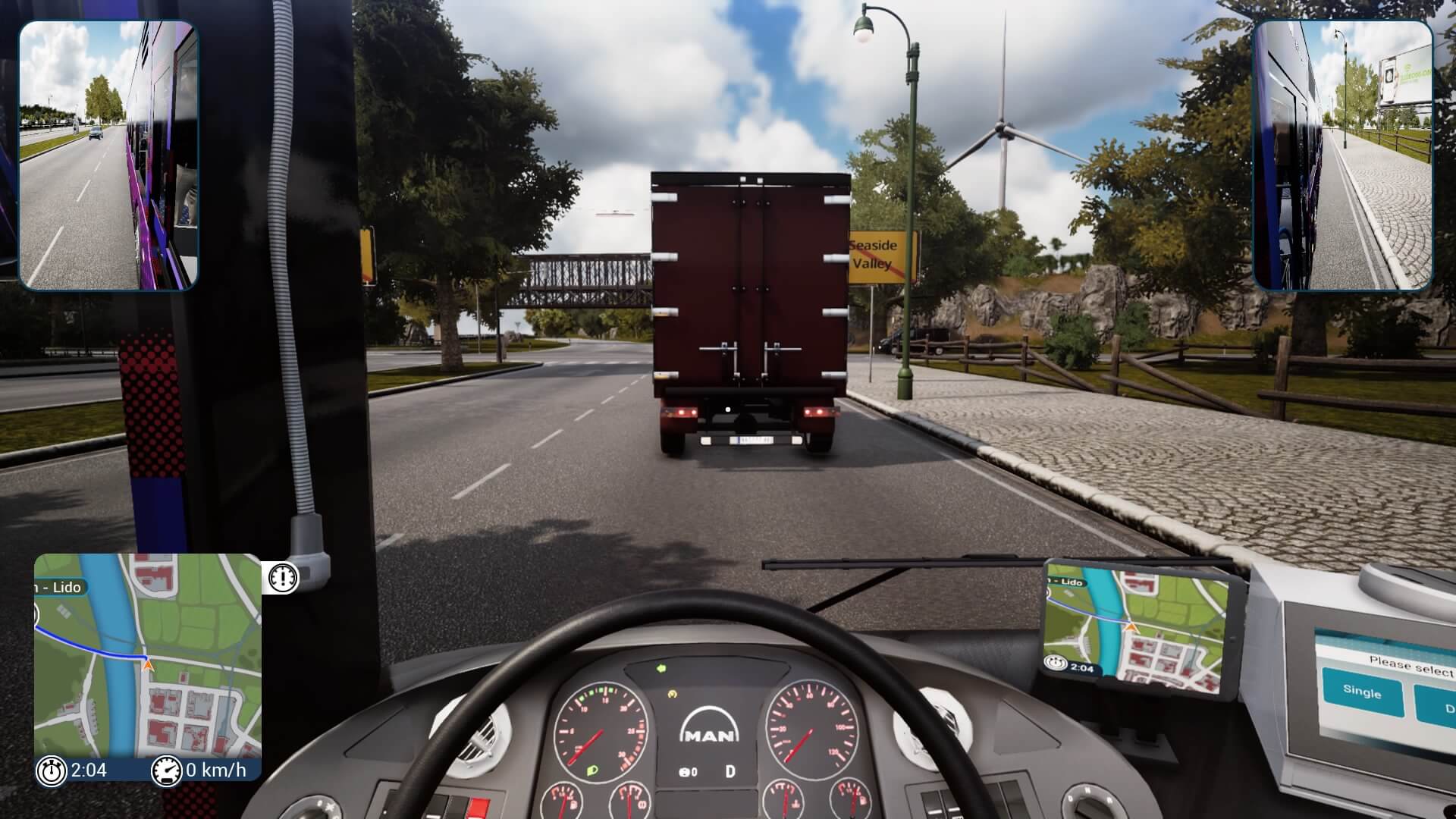 Behind the wheel, first person view, following a truck