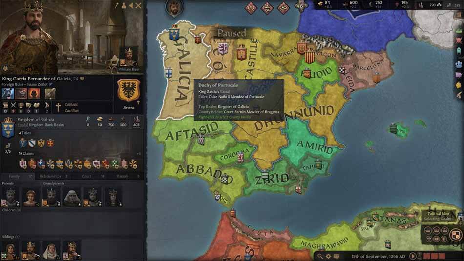 A screenshot showing the main playing screen of Crusader Kings III