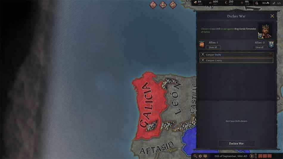 A screenshot showing the Cassus Belli options on the Declare War screen in Crusader Kings III