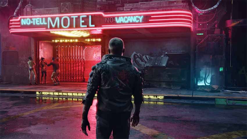 A screenshot showing V walking up to the No-Tell Motel in Cyberpunk 2077