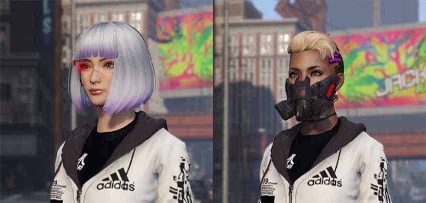 A screenshot showing GTA V characters that are styled like Cyberpunk 2077 characters