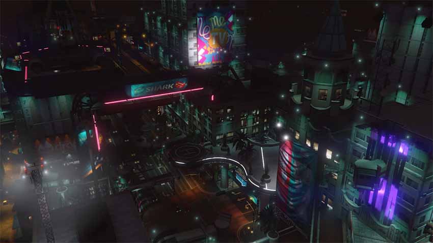 A screenshot of the GTA V map that is styled like Night City from Cyberpunk 2077