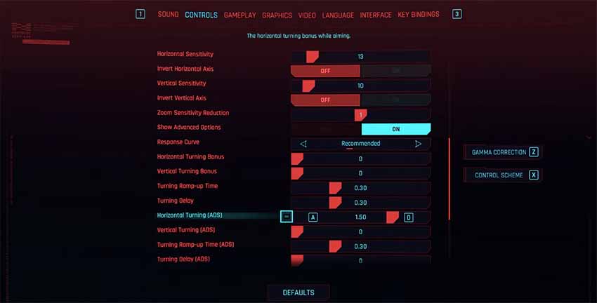 Screenshot showing how to lower the Horizontal and Vertical Turning Bonus