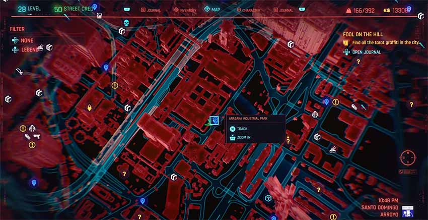 A screenshot of the map in Cyberpunk 2077 showing where to get the cat food