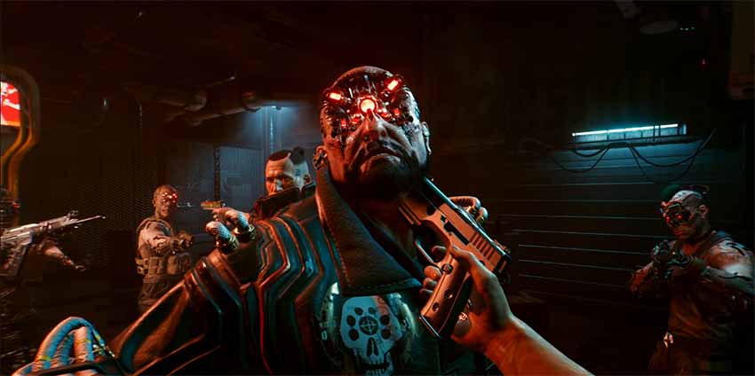 A screenshot showing V holding a pistol to the boss of the Maelstrom Gang, Royce, in Cyberpunk 2077