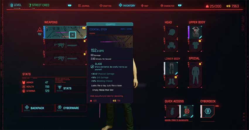 A screenshot showing the Cocktail Stick katana in Cyberpunk 2077