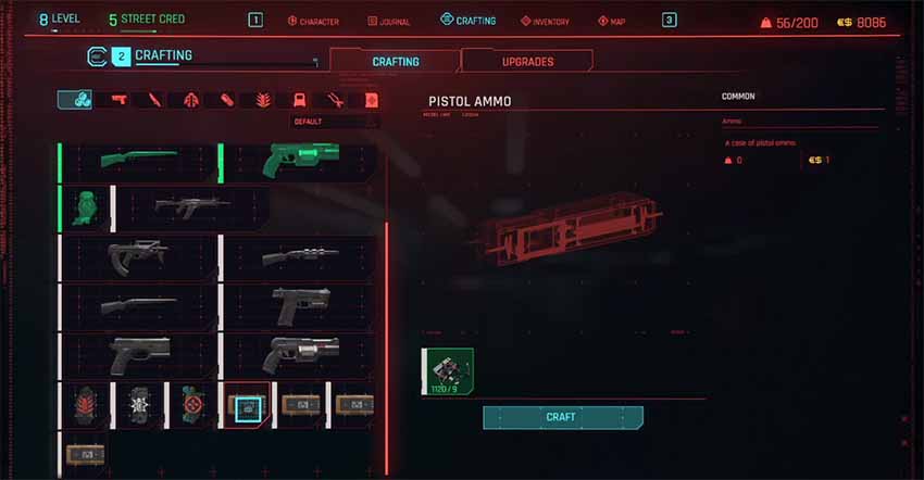 A screenshot showing where to buy ammo in Cyberpunk 2077