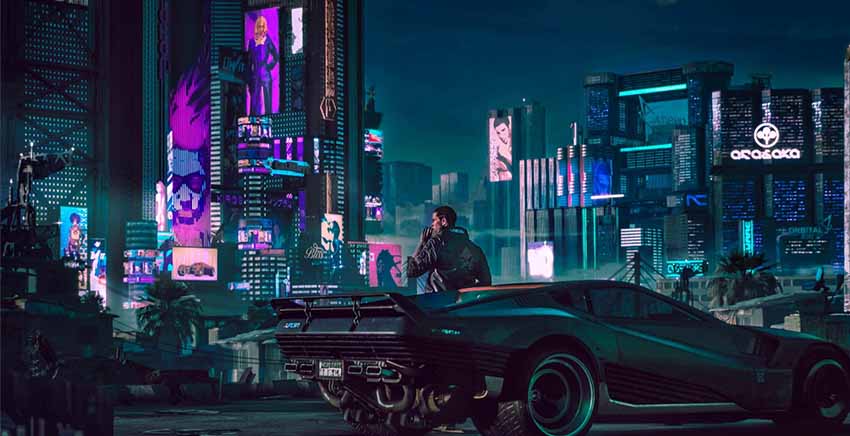 A screenshot showing V standing against their car while looking out across Night City in Cyberpunk 2077