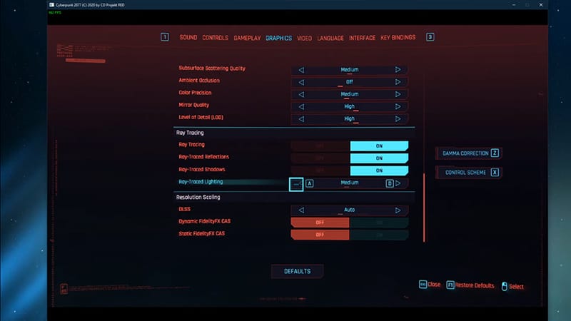 A screenshot of the settings menu showing how to change ray tracing in Cyberpunk 2077