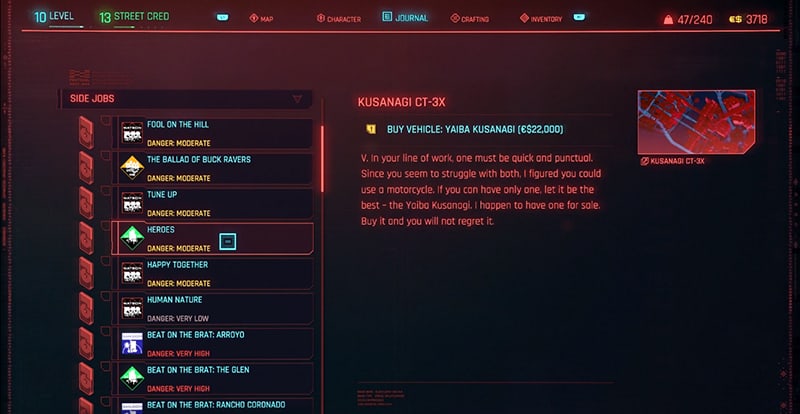 A screenshot showing the mission for getting the Kusanagi CT-3X motorcycle in Cyberpunk 2077