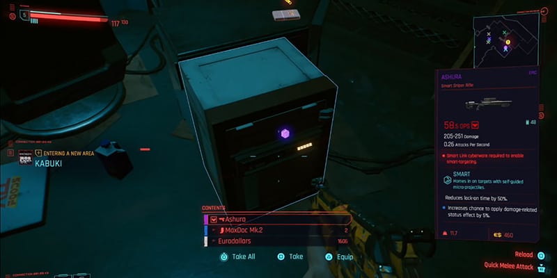 A screenshot showing the safe that holds the Epic Ashura Smart Sniper Rifle in Cyberpunk 2077