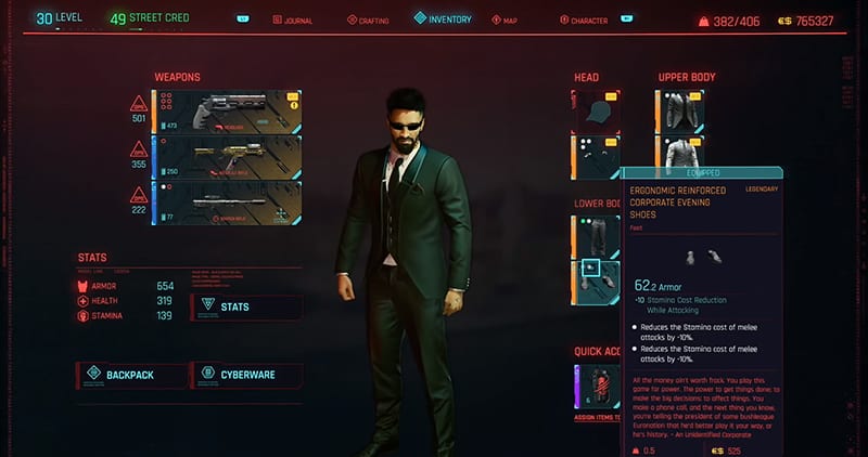 A screenshot of the complete Legendary corporate set in Cyberpunk 2077