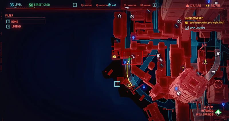 A screenshot showing Doc Ryder's location in Heywood, Wellsprings in Cyberpunk 2077