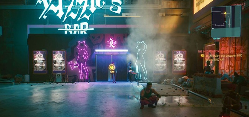 A screenshot showing the entrance to Lizzie's Bar in Cyberpunk 2077