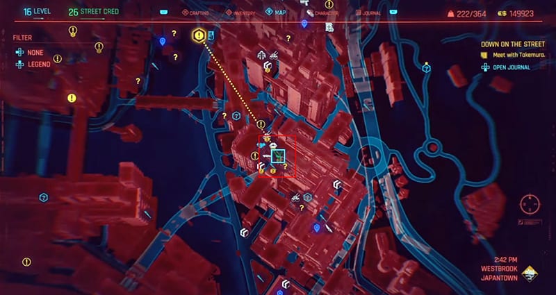 A screenshot of the map in Cyberpunk 2077 with the location of the ripperdoc in Japantown