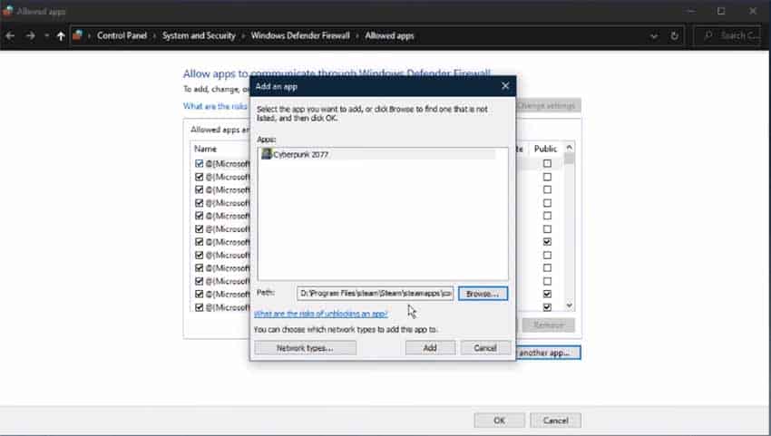 A screenshot showing how to add Cyberpunk 2077 to your Firewall on Windows 11