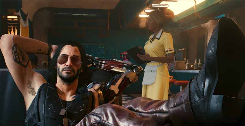 A screenshot showing Johnny at a diner in Cyberpunk 2077