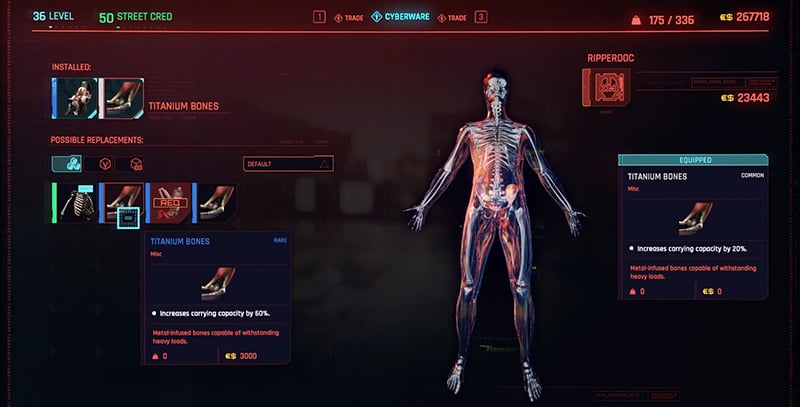 A screenshot showing the Titanium Bones that you can purchase in Cyberpunk 2077