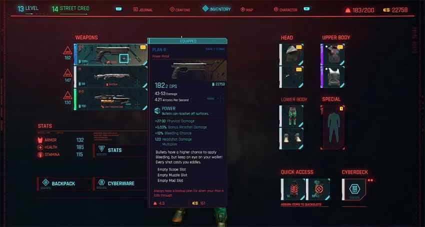 A screenshot showing Dexter DeShawn's weapon in Cyberpunk 2077