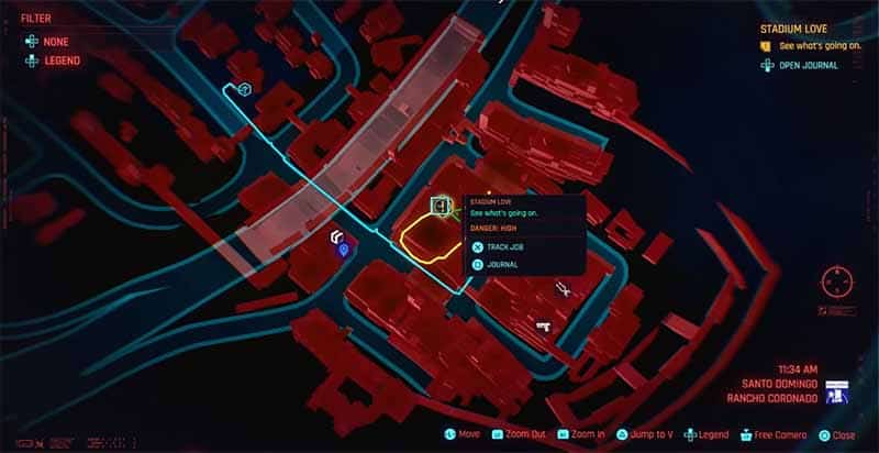 A screenshot showing where to find the Stadium Love side gig in Cyberpunk 2077