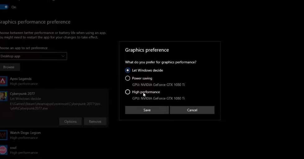 A screenshot showing how to set your graphics preferences on Windows 11