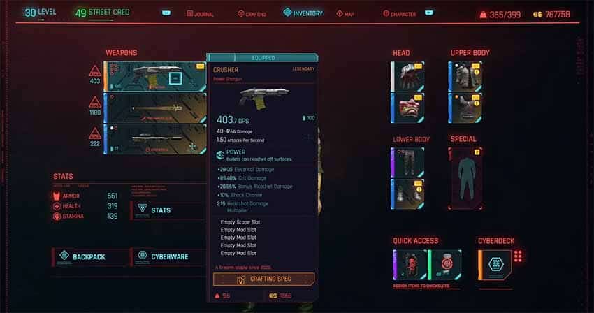 A screenshot of the Legendary Crusher gun in Cyberpunk 2077