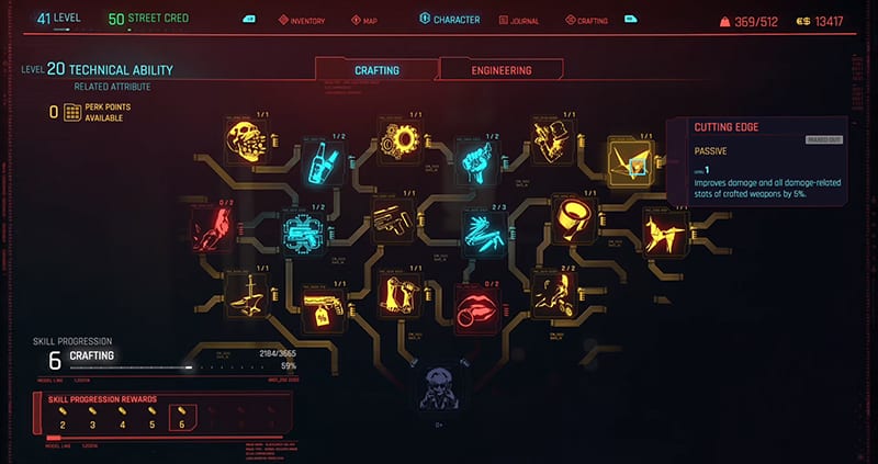 A screenshot of the crafting tab of the Technical Ability skill in Cyberpunk 2077 