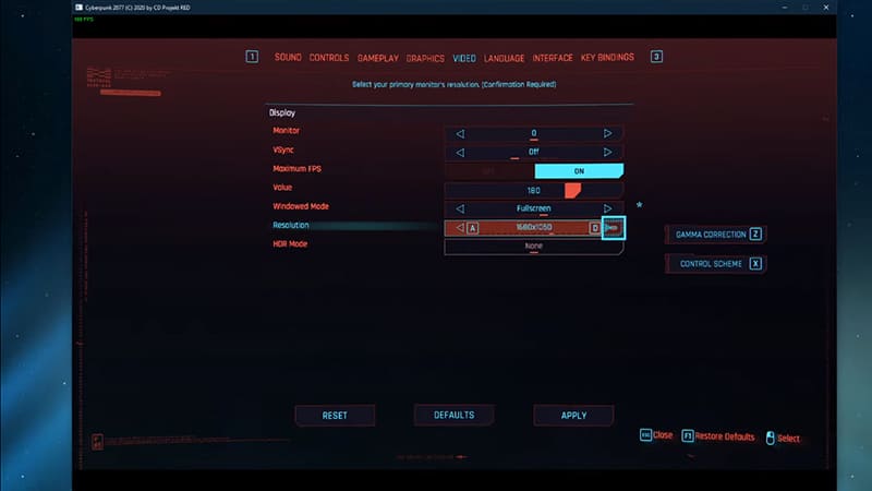 A screenshot showing the settings menu in Cyberpunk 2077 showing how to change the resolution