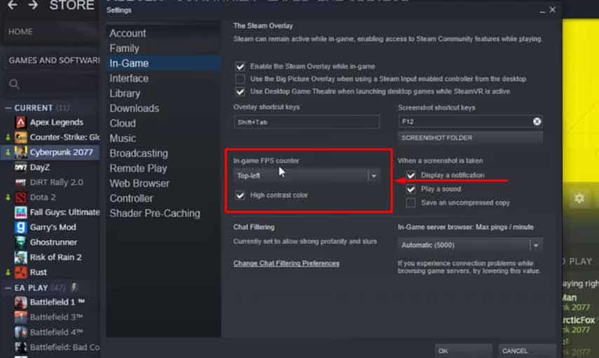 A screenshot showing how to turn on the in-built Steam FPS counter for Cyberpunk 2077