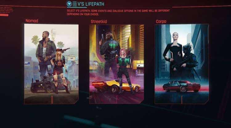 A screenshot showing the three different lifepaths that you can choose from in Cyberpunk 2077
