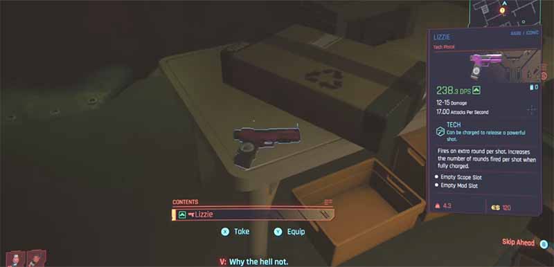 A screenshot showing the rare iconic Lizzie Pistol in Cyberpunk 2077