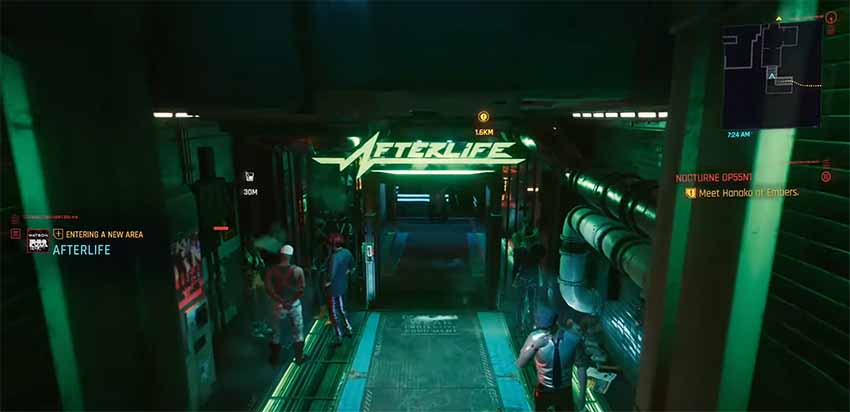 A screenshot showing the Afterlife club in Cyberpunk 2077