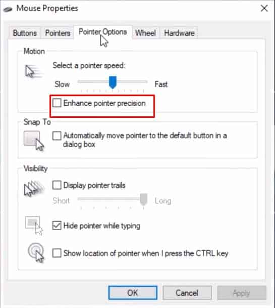 A screenshot showing how to change the Pointer Options in Windows Settings