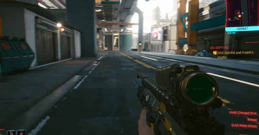 A screenshot showing V holding the Nekomata Sniper Rifle in Cyberpunk 2077
