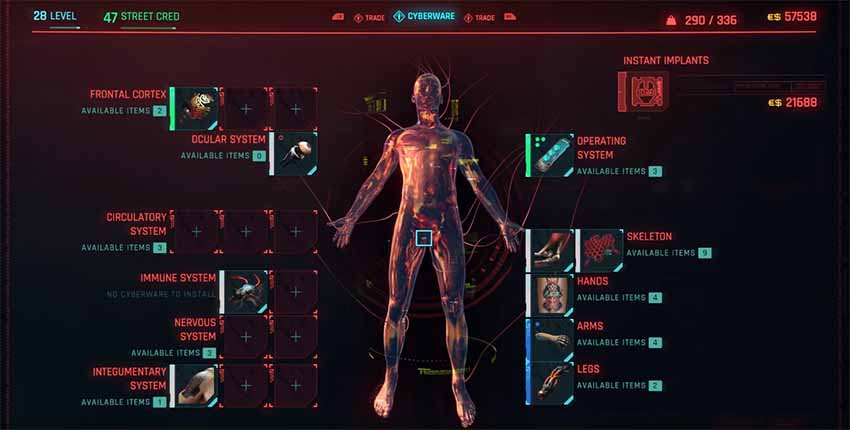 A screenshot showing the cyberware inventory in Cyberpunk 2077