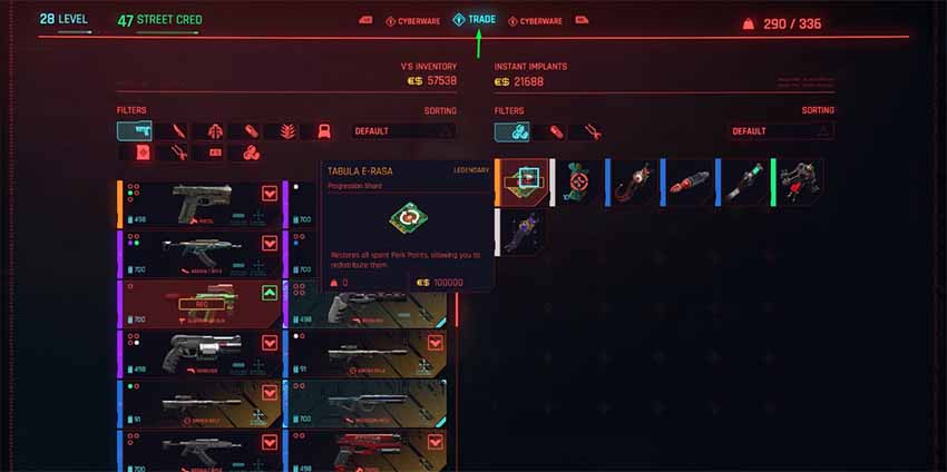 A screenshot showing the trade screen in Cyberpunk 2077