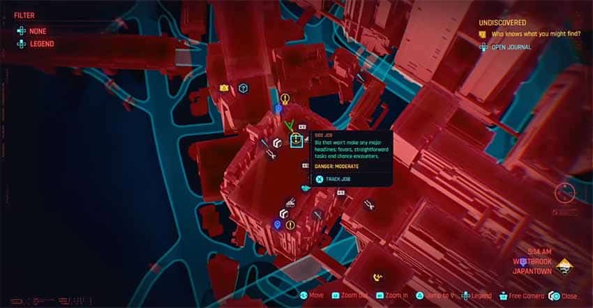 A screenshot of the map showing where to get the Ballad of Buck Ravers job in Cyberpunk 2077