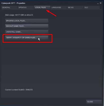 A screenshot showing how to verify integrity of game files in Steam