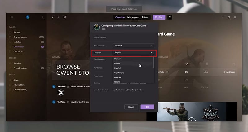 gog launcher how to change game language