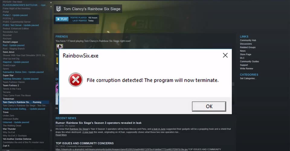 file corruption detected rainbow six