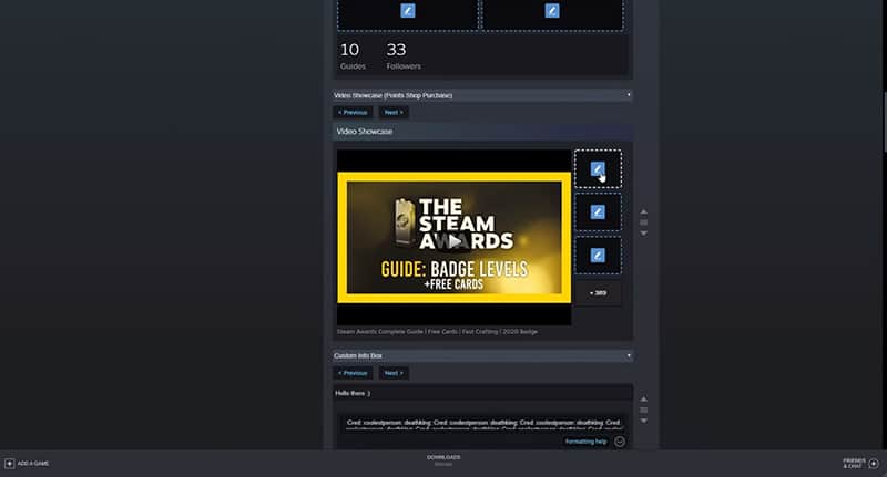 how to have youtube videos on profile steam
