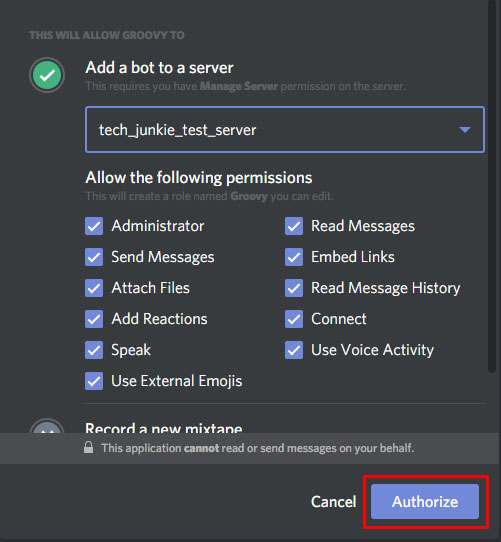 select authorized discord