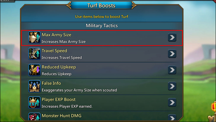 Max army Size Button in Turf Boosts