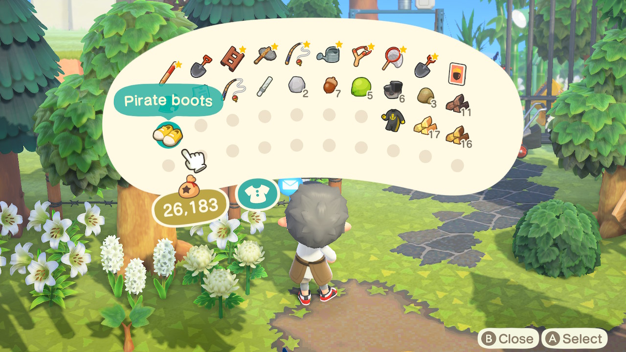 A screenshot of the player's inventory in Animal Crossing with the pirate boots in it