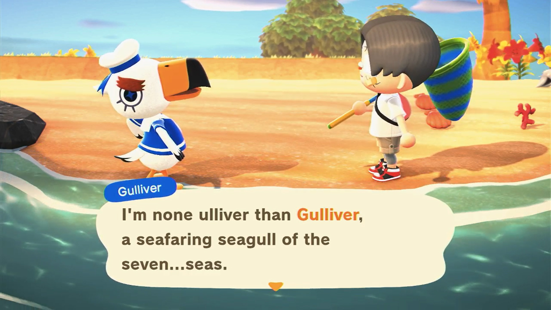 Screenshot of Gulliver introducing himself in Animal Crossing