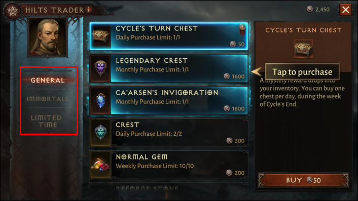 General Immortals and Limited time items 1