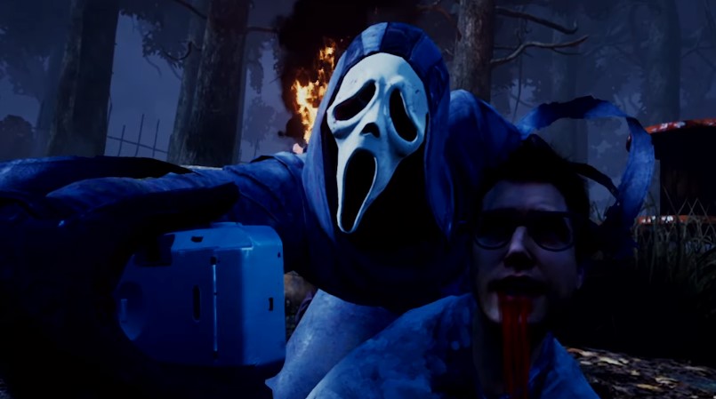 A screenshot of Ghostface taking a pic with a victim in Dead by Daylight