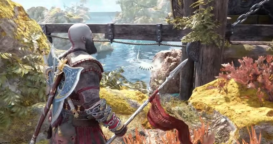 A screenshot of Kratos holding a Draupnr spear in God of War: Ragnarok