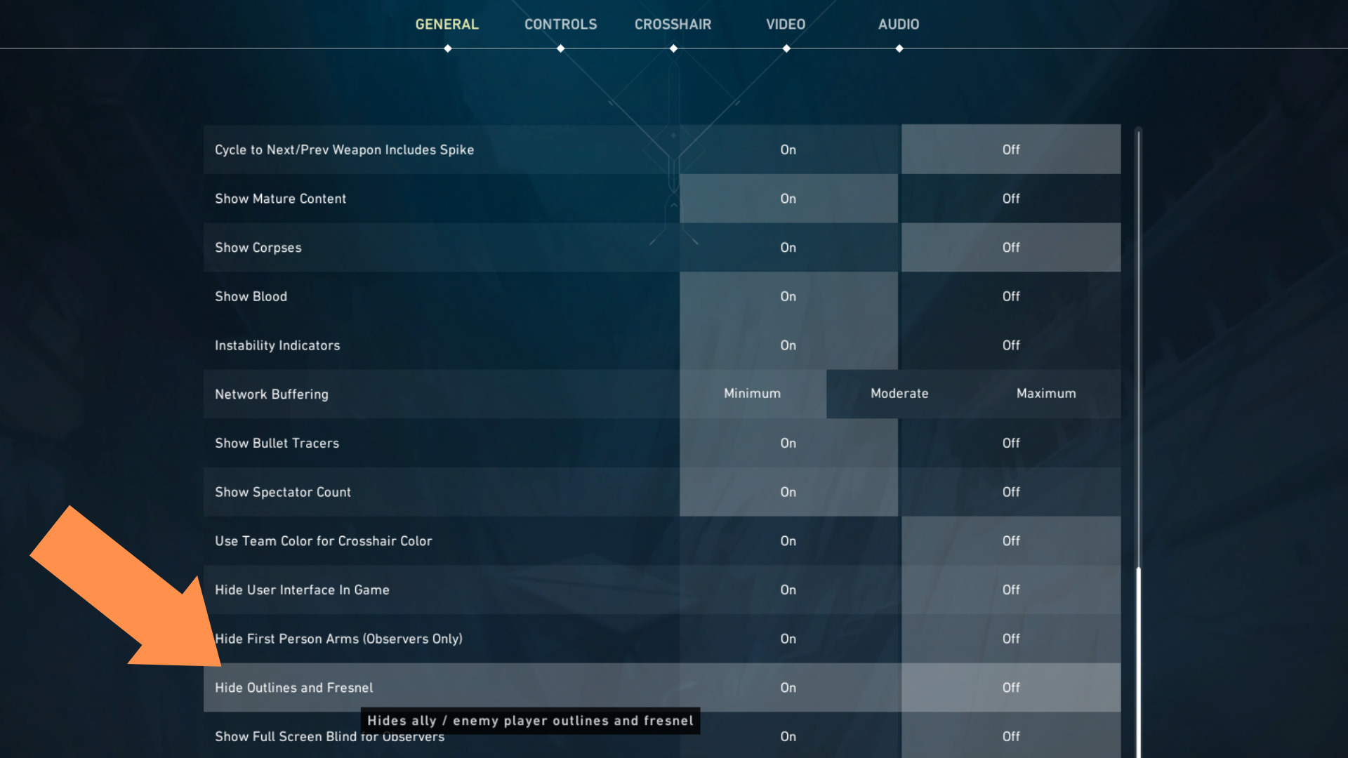 Under the Other tab in the Valorant Settings, go to Hide Outlines and Fresnel